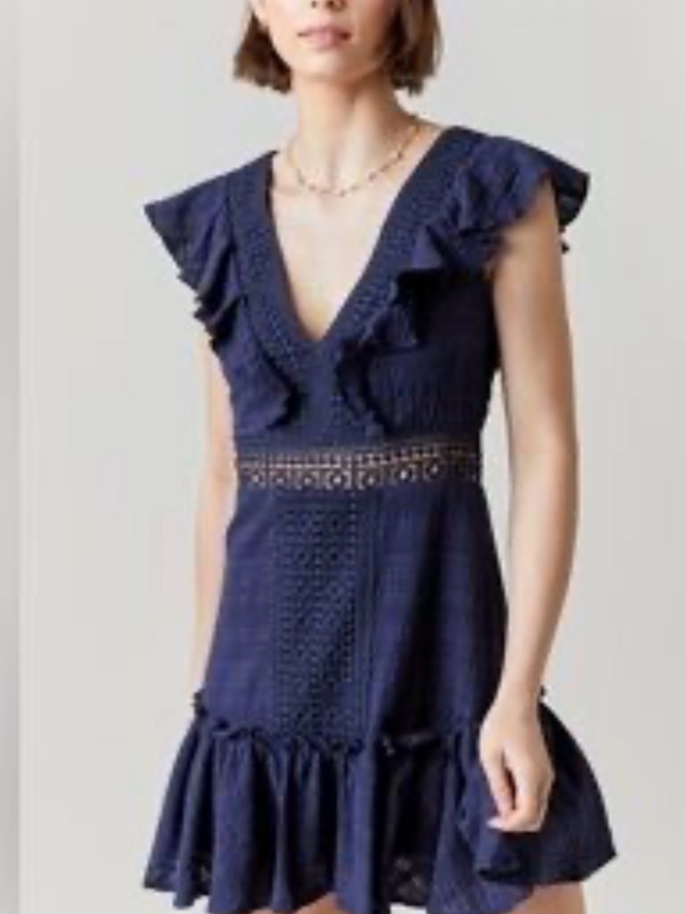 Blue Rain Navy Eyelet Ruffle V-Neck Mini Dress SZ XL NWOT/0384